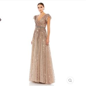 MAC DUGGAL SEQUINED WRAP OVER RUFFLED CAP SLEEVE GOWN